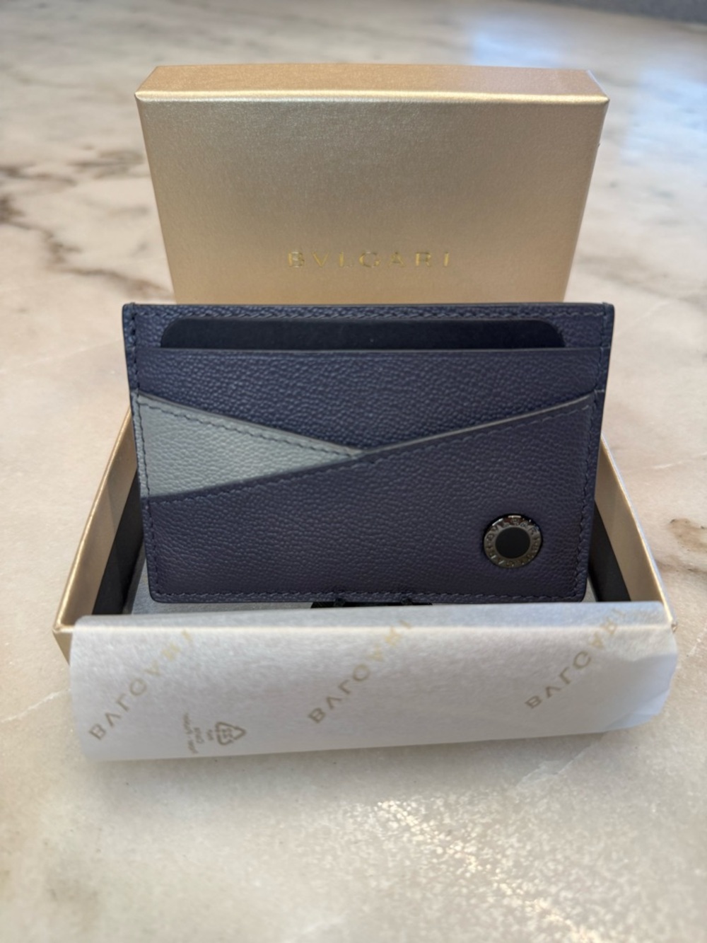 Bvlgari Dark and Light Gray Leather Card Case with Metal Accent